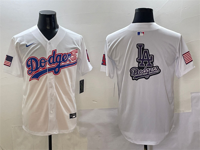 Men's Los Angeles Dodgers Team Big Logo White With American Flag Patch Limited Stitched Baseball Jersey Men's Los Angeles Dodgers Team Big Logo White With American Flag Patch Limited Stitched Baseball Jersey